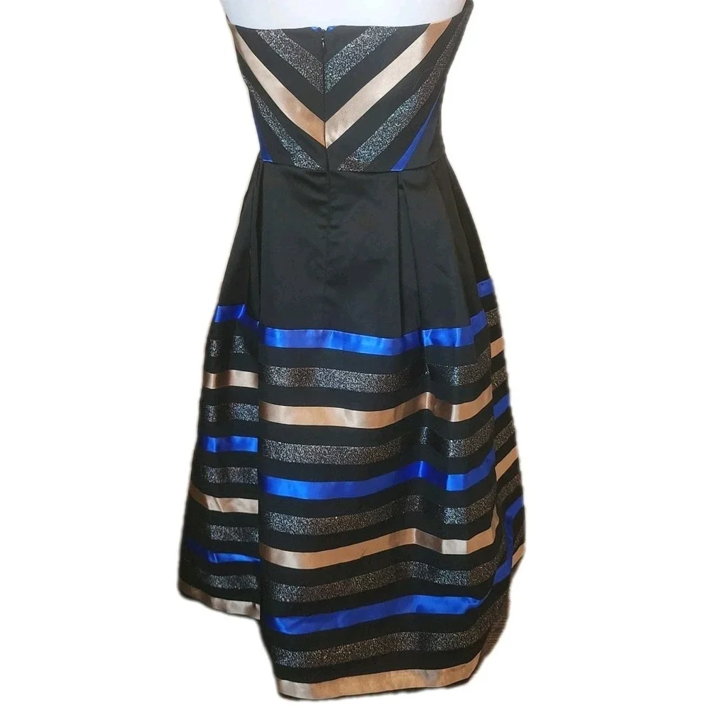 Shoshanna Fit and Flare Strapless Dress Womens 10 Black Gold‎ Blue Chevron NEW